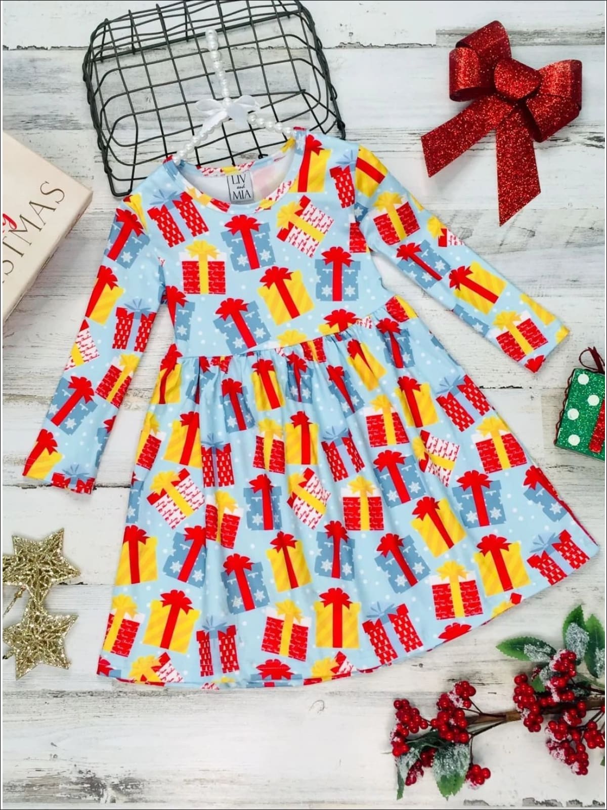 Cute Winter Dresses | Girls Christmas Present Print Holiday Dress