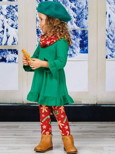 Girls Gingerbead Ruffled Tunic Leggings and Scarf set - Girls Christmas Set