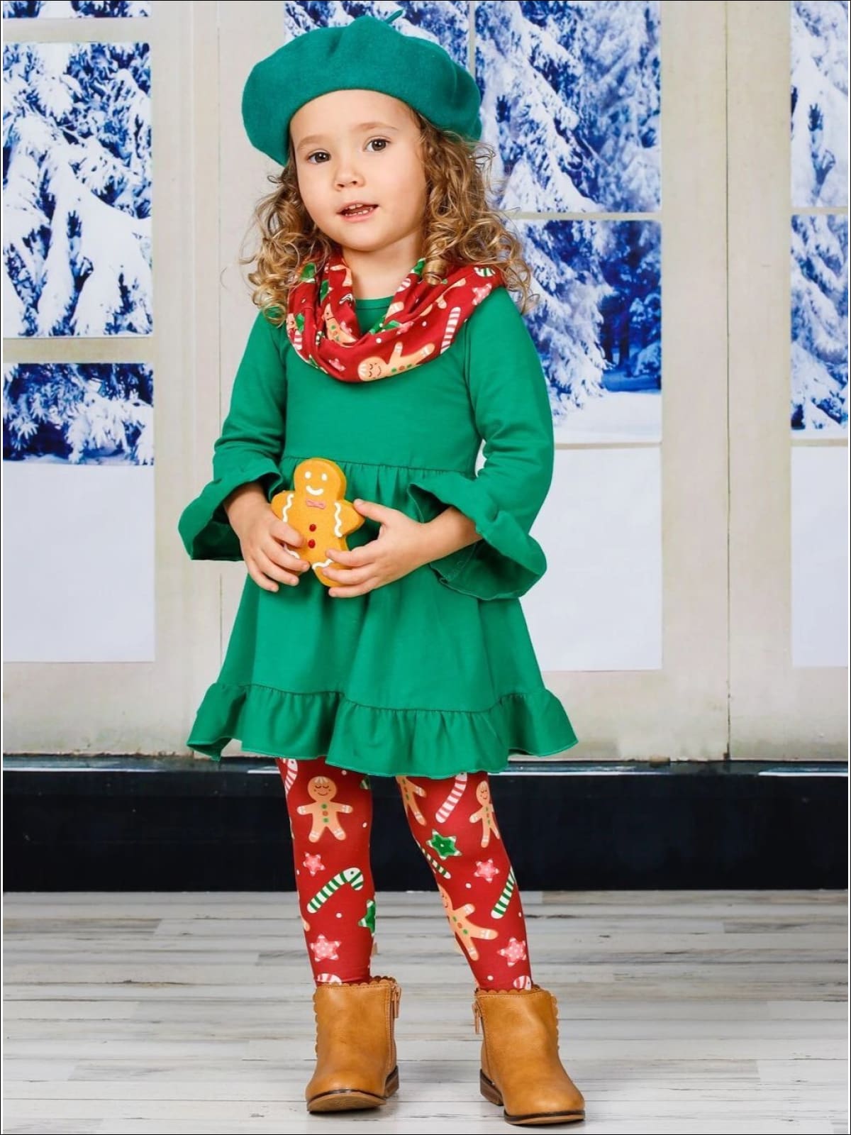 Girls Gingerbead Ruffled Tunic Leggings and Scarf set - Girls Christmas Set