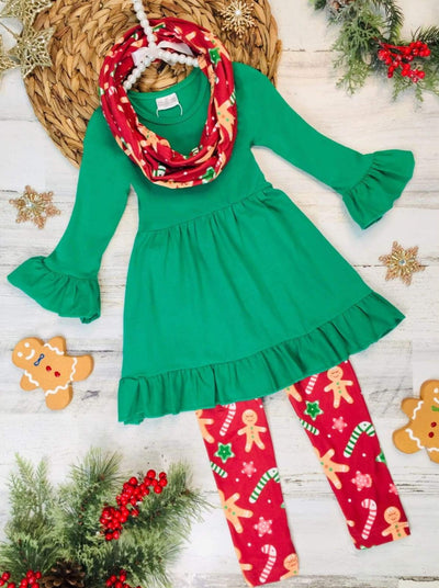 Girls Gingerbead Ruffled Tunic Leggings and Scarf set - Green / 2T - Girls Christmas Set