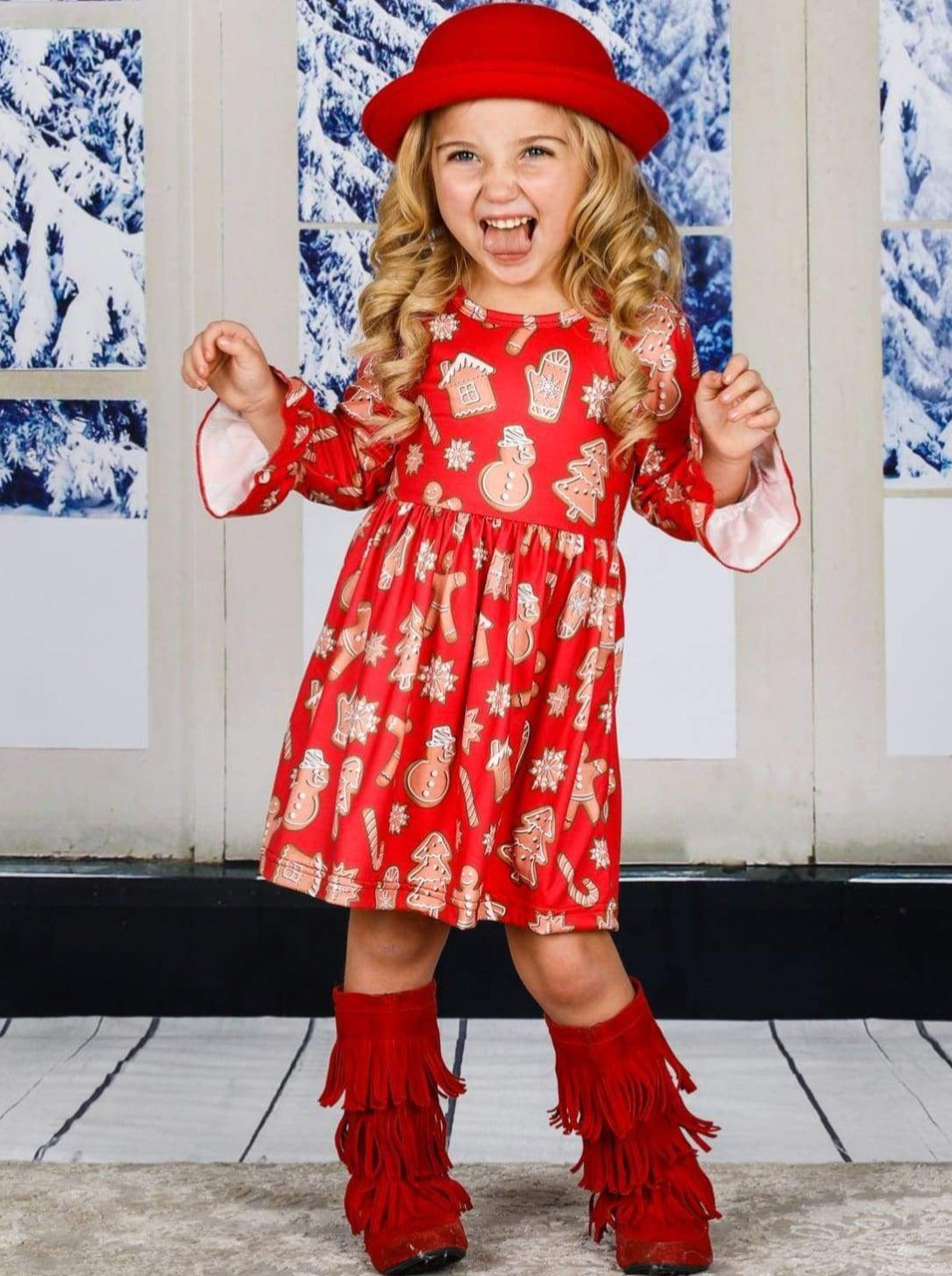 Girls Gingerbread A-Line Flared Long Sleeve Holiday Dress - Girls Christmas Dress