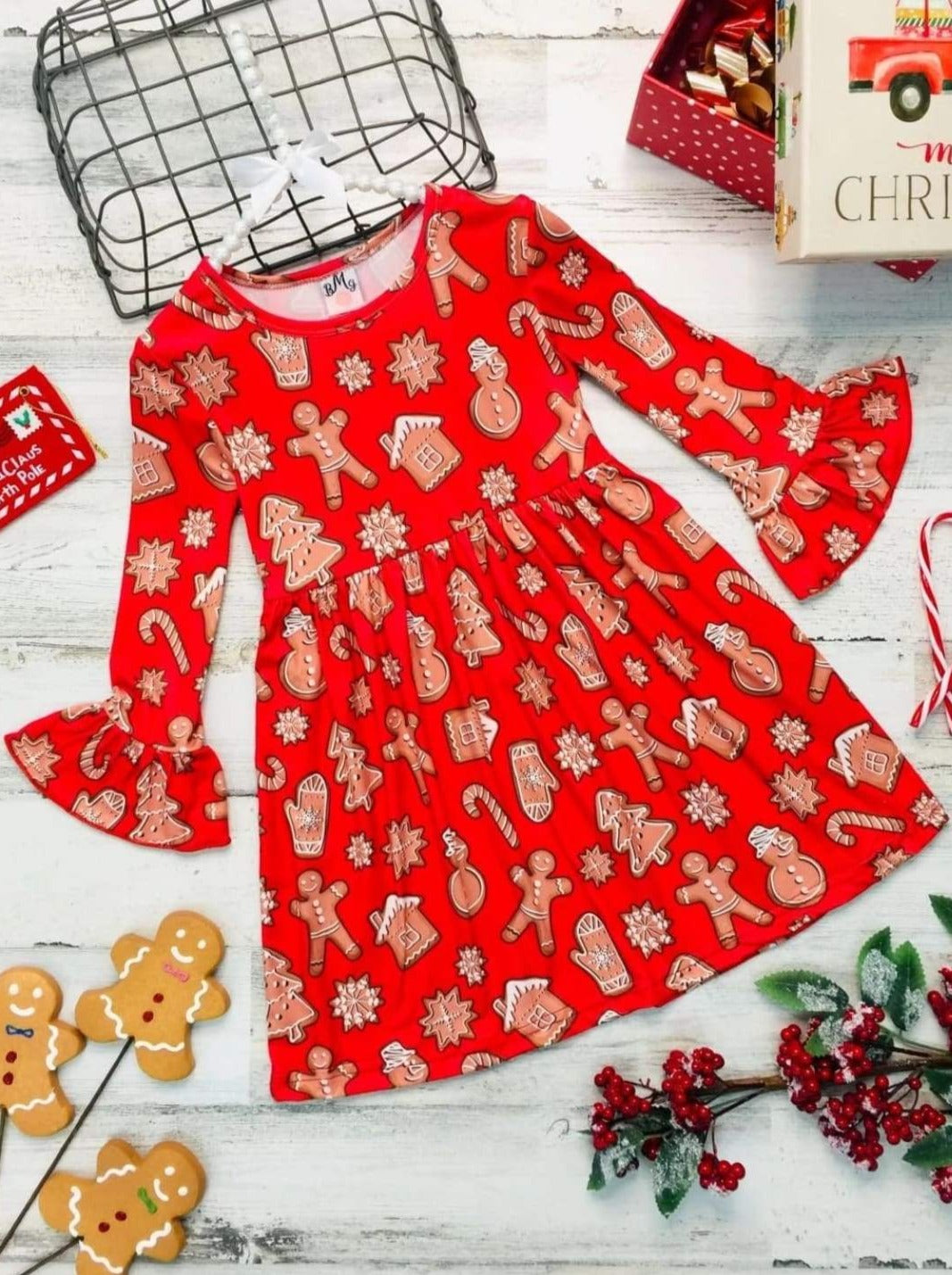 Girls Gingerbread A-Line Flared Long Sleeve Holiday Dress - Red / 2T/3T - Girls Christmas Dress