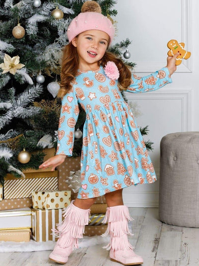 Girls Gingerbread A-Line Long Sleeve Holiday Dress - Mia Belle Girls