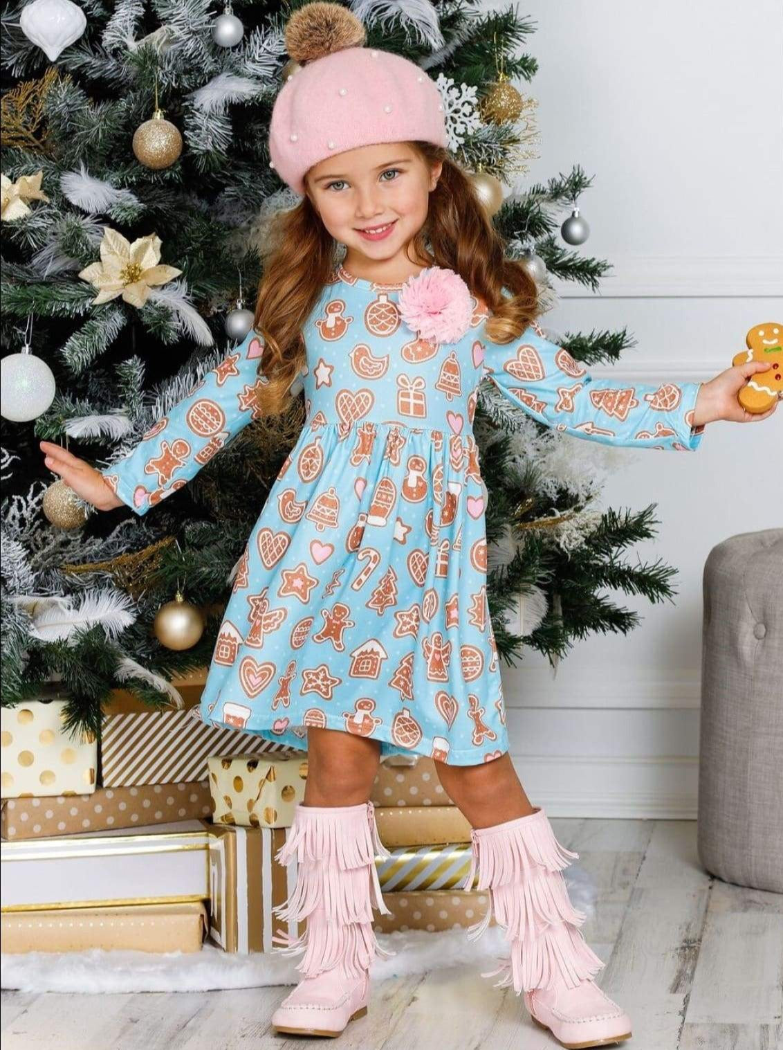 Girls Gingerbread A-Line Long Sleeve Holiday Dress - Girls Christmas Dress