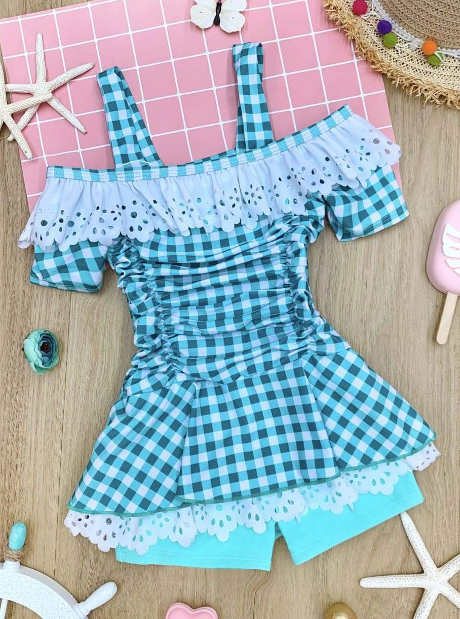 Girls Gingham Cold Shoulder Eyelet Ruffled One Piece Swimsuit - Green / 4T/5Y - Girls One Piece Swimsuit