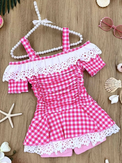Girls Gingham Cold Shoulder Eyelet Ruffled One Piece Swimsuit - Pink / 4T/5Y - Girls One Piece Swimsuit