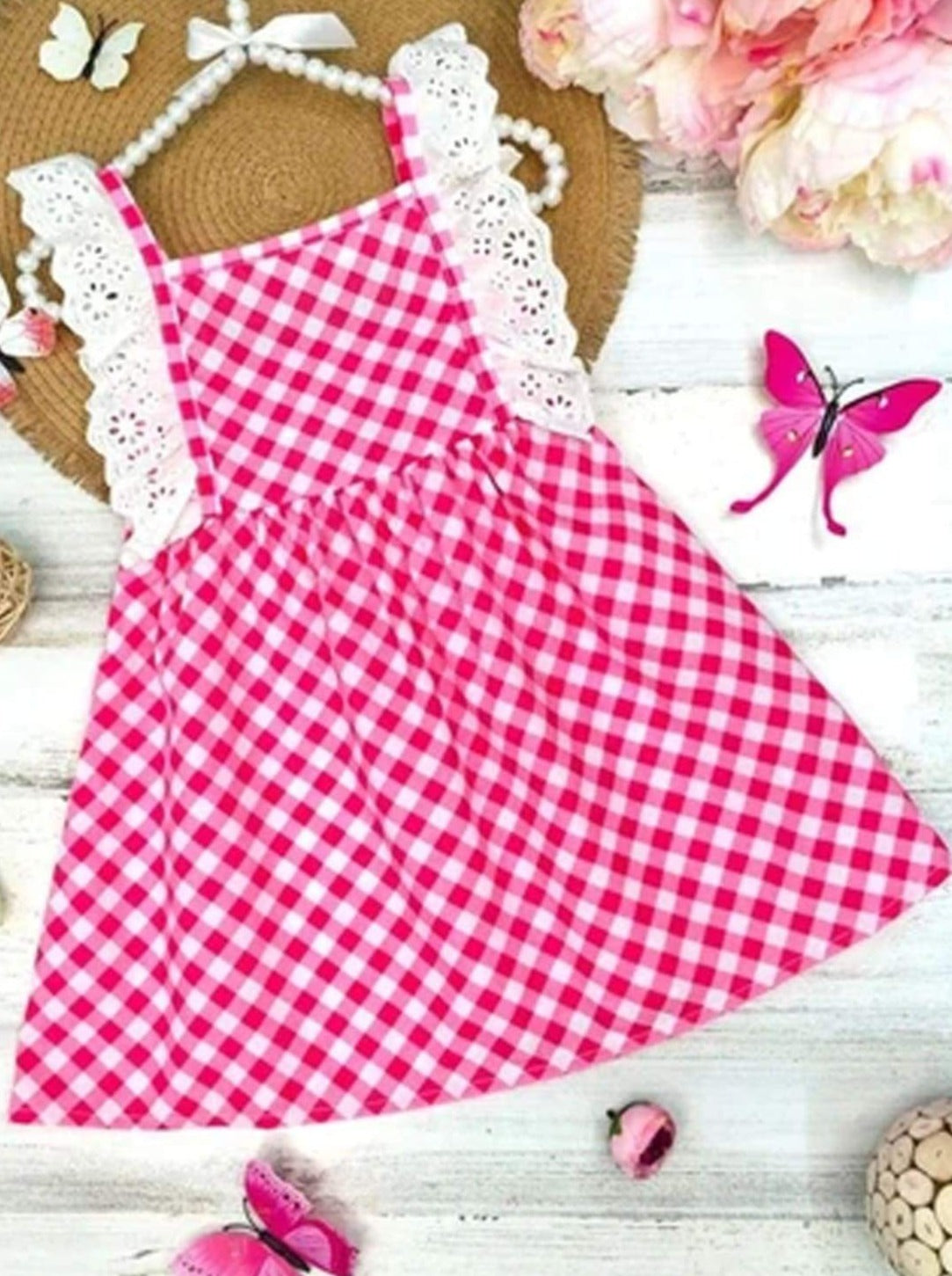 Toddler Spring Dresses | Girls Gingham Lace Flutter Sleeve Dress