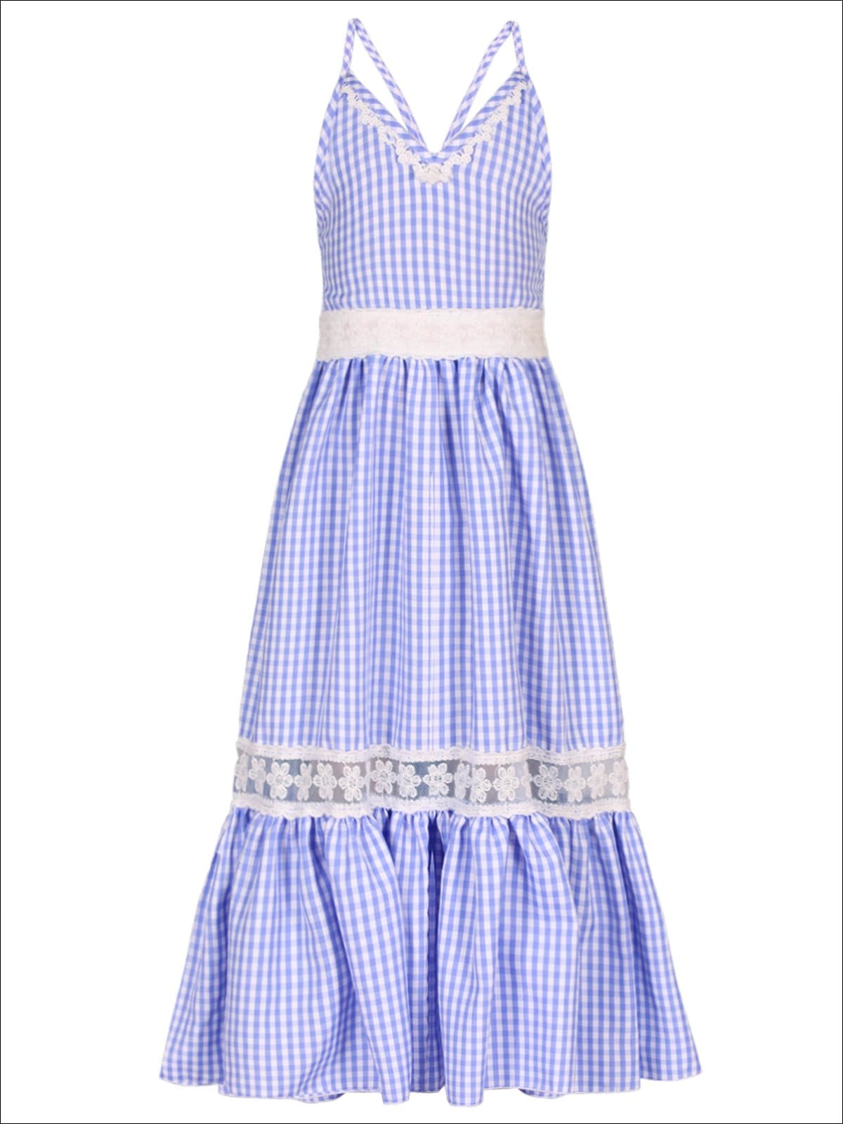 Girls Gingham Ruffled Lace Insert Maxi Dress - Blue / 2T/3T - Girls Spring Casual Dress