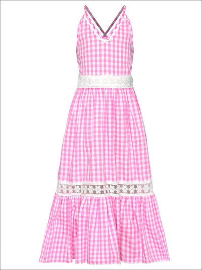 Girls Gingham Ruffled Lace Insert Maxi Dress - Pink / 2T/3T - Girls Spring Casual Dress