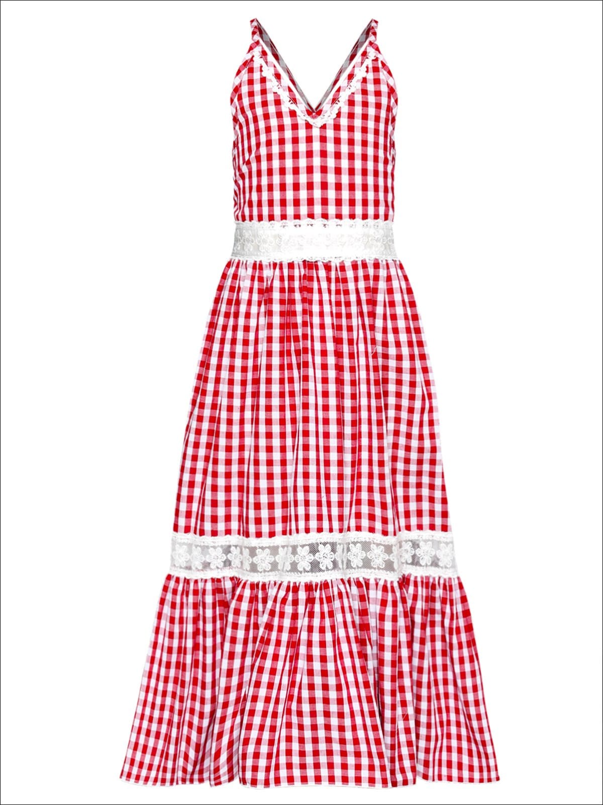 Girls Gingham Ruffled Lace Insert Maxi Dress - Red / 2T/3T - Girls Spring Casual Dress