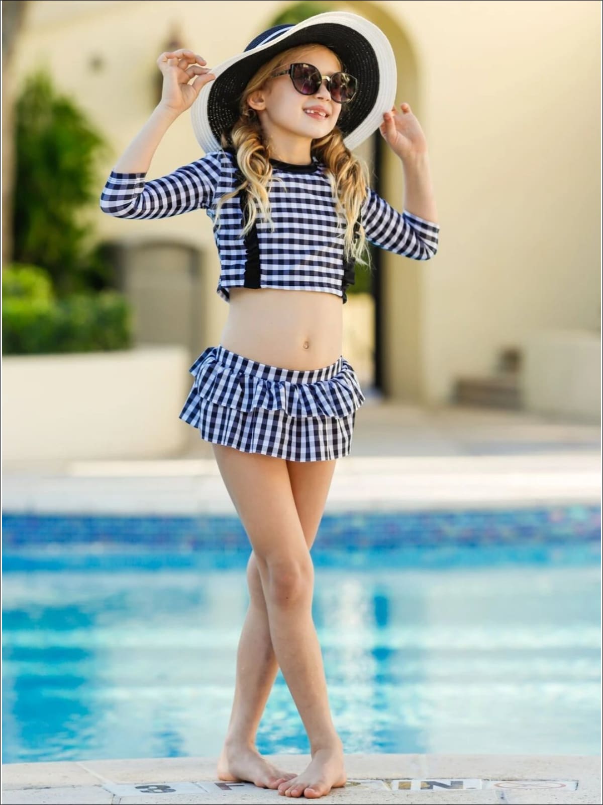 Kids Swimsuits | Girls Plaid Rash Guard Skirted Two Piece Swimsuit Black / 5Y/6Y