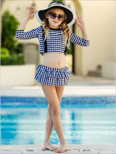 Kids Swimsuits | Girls Plaid Rash Guard Skirted Two Piece Swimsuit