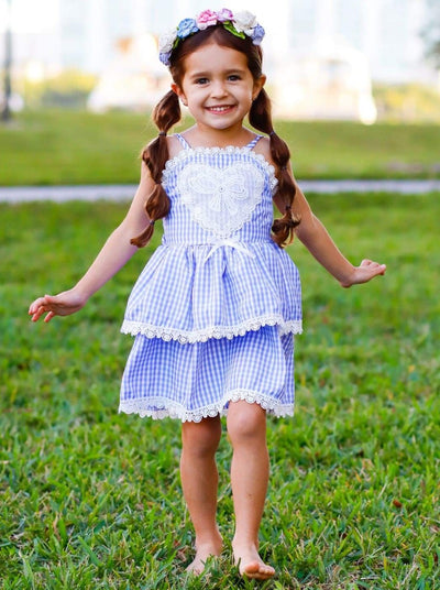 Girls Gingham Ruffled Tiered Lace Edge Heart Applique Dress - Girls Spring Casual Dress