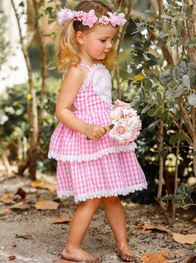 Girls Gingham Ruffled Tiered Lace Edge Heart Applique Dress - Girls Spring Casual Dress