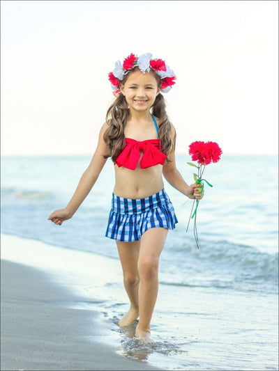 Girls Gingham Skirted Two Piece Swimsuit with Large Bow - Fall Low Stock