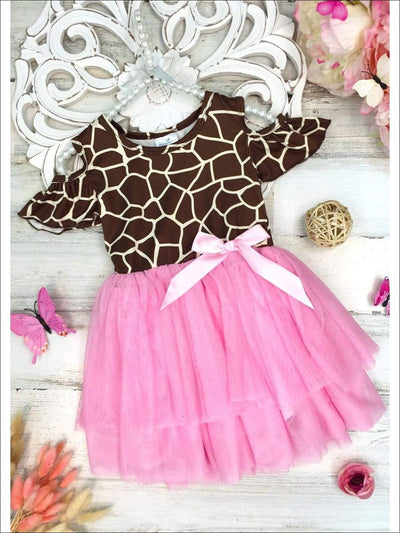 Girls Giraffe Print Cold Shoulder Tutu Dress - Pink / 2T - Girls Spring Casual Dress