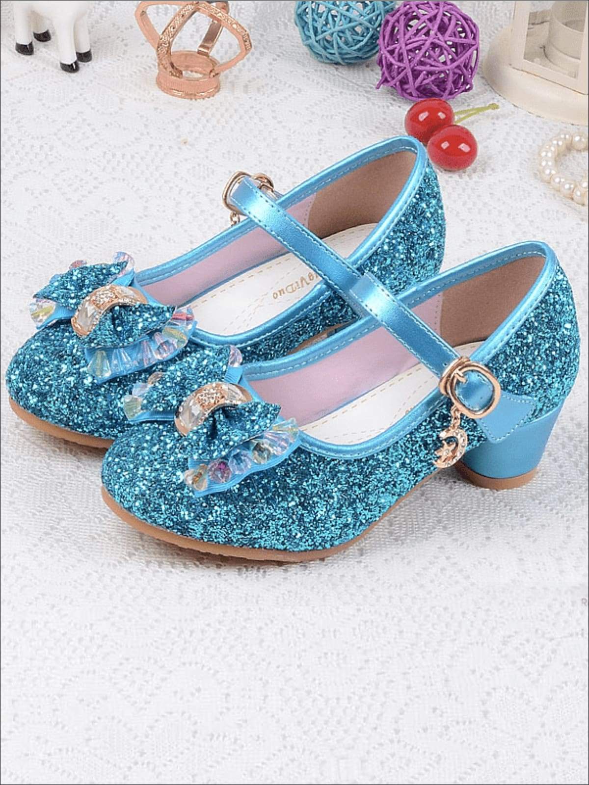 Girls Glitter Beaded Bow Mini Heel Flats Shoes - Blue / 1 - Girls Flats