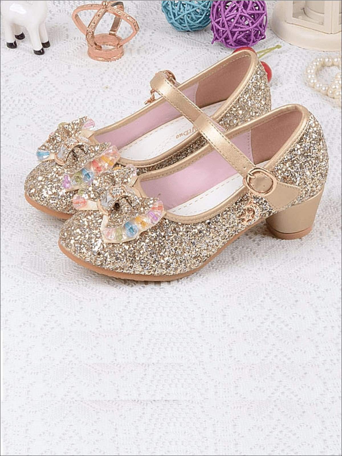 Girls Glitter Beaded Bow Mini Heel Flats Shoes - Gold / 1 - Girls Flats