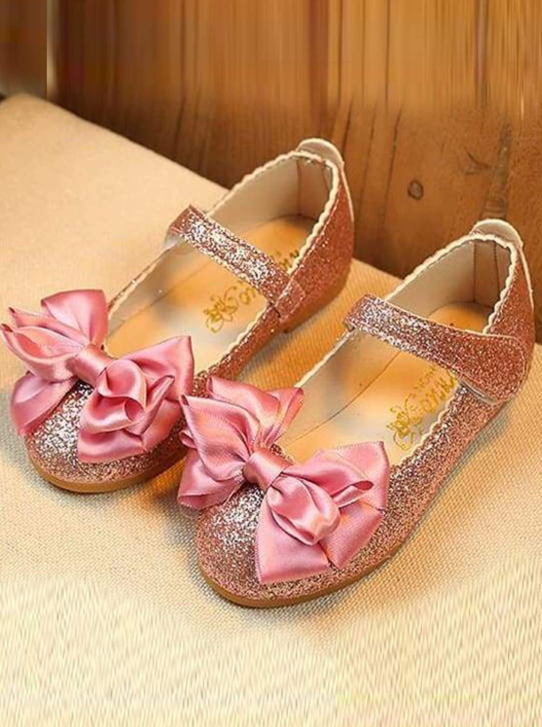 Girls Glitter Bow Shoes - pink / 1.5 - Girls Flats