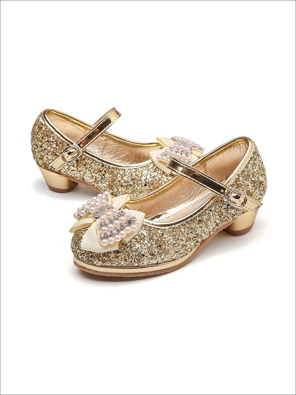 Girls Glitter Bow Tie Pearl Embellished Princess Shoes - Gold / 1 - Girls Flats