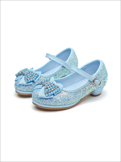 Girls Glitter Bow Tie Pearl Embellished Princess Shoes - Light Blue / 1 - Girls Flats