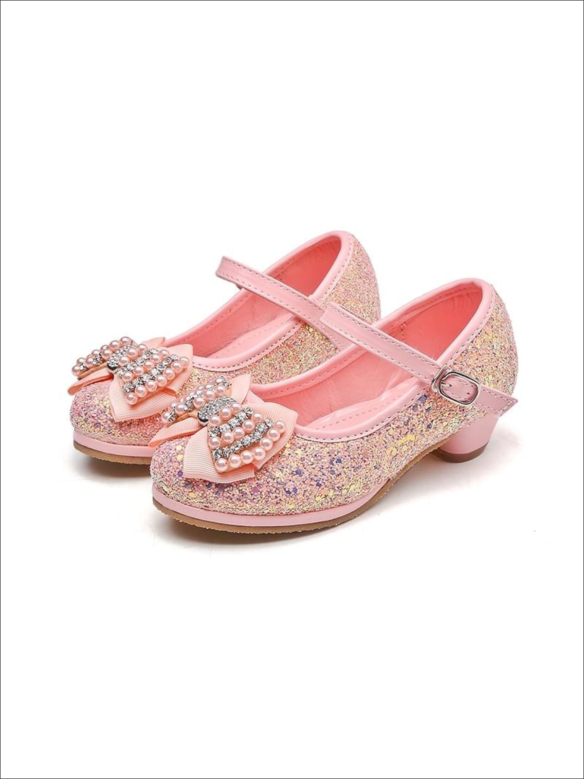Girls Glitter Bow Tie Pearl Embellished Princess Shoes - Pink / 1 - Girls Flats