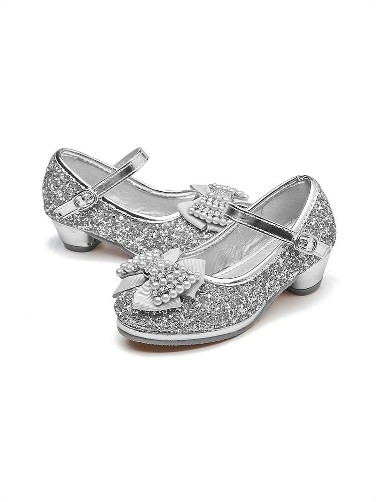 Girls Glitter Bow Tie Pearl Embellished Princess Shoes - Silver / 1 - Girls Flats