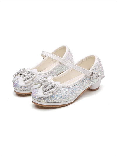 Girls Glitter Bow Tie Pearl Embellished Princess Shoes - White / 1 - Girls Flats