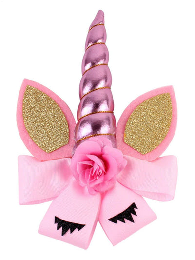 Girls Glitter Cat Ear Unicorn Hair Bow - Pink - Hair Accessories