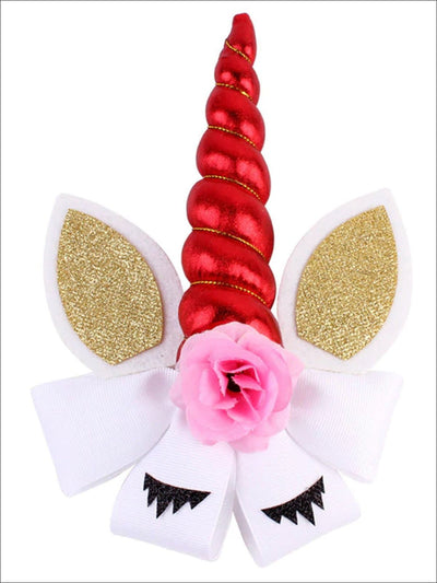 Girls Glitter Cat Ear Unicorn Hair Bow - Red - Hair Accessories