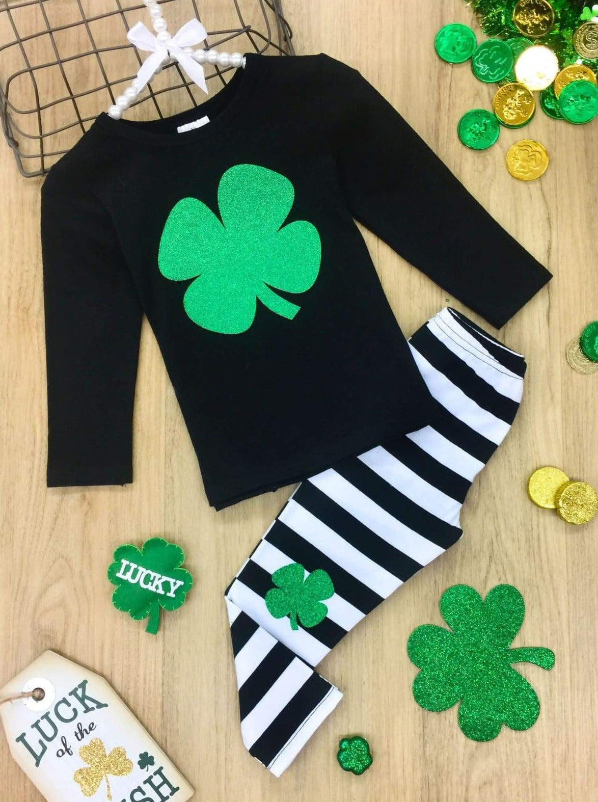 St. Patrick's Day Clothes | Glitter Clover Top & Striped Legging Set