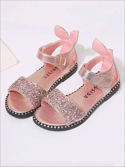 Girls Glitter Rhinestone Bunny Ear Velcro Strap Sandals - Girls Sandals