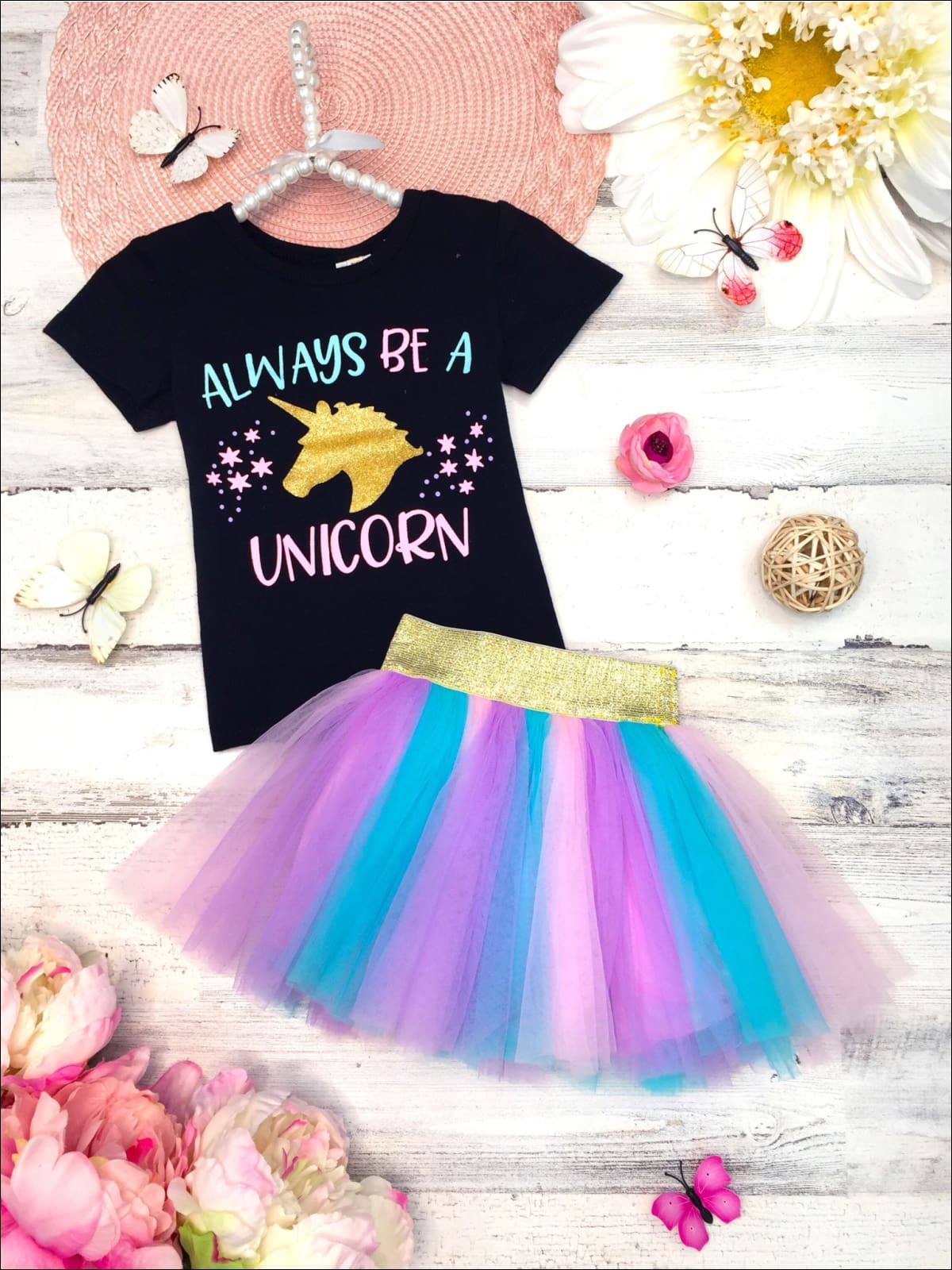 Girls Glittered Always Be a Unicorn Top & Multicolor Tutu Skirt Set - Multicolor / XS-2T - Girls Spring Casual Set