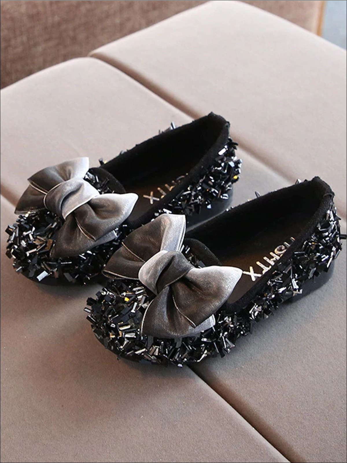 Girls Glittery Sequined Flats with Ombre Double Bow - Black / 5.5 - Girls Loafers
