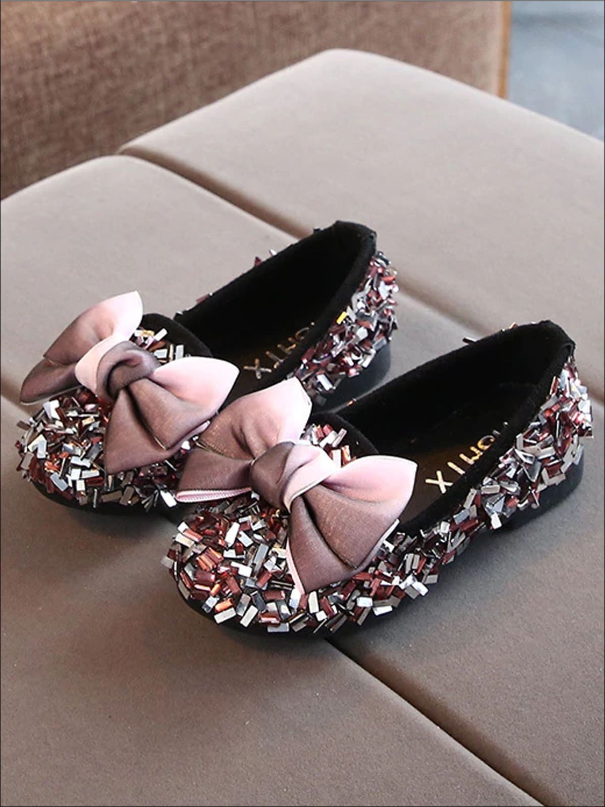 Girls Glittery Sequined Flats with Ombre Double Bow - Pink / 5.5 - Girls Loafers