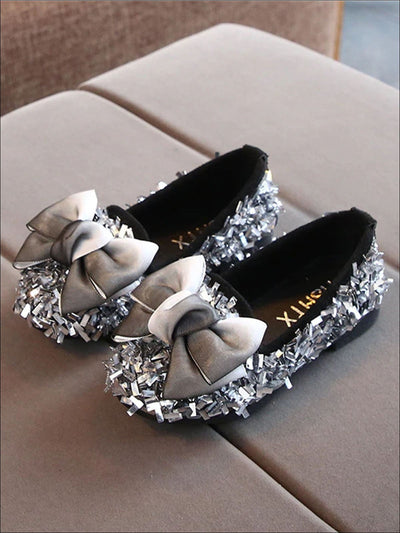 Girls Glittery Sequined Flats with Ombre Double Bow - Silver / 5.5 - Girls Loafers