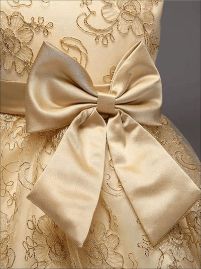 Girls Gold Embroidery Party Dress with Large Bow - Girls Fall Dressy Dress