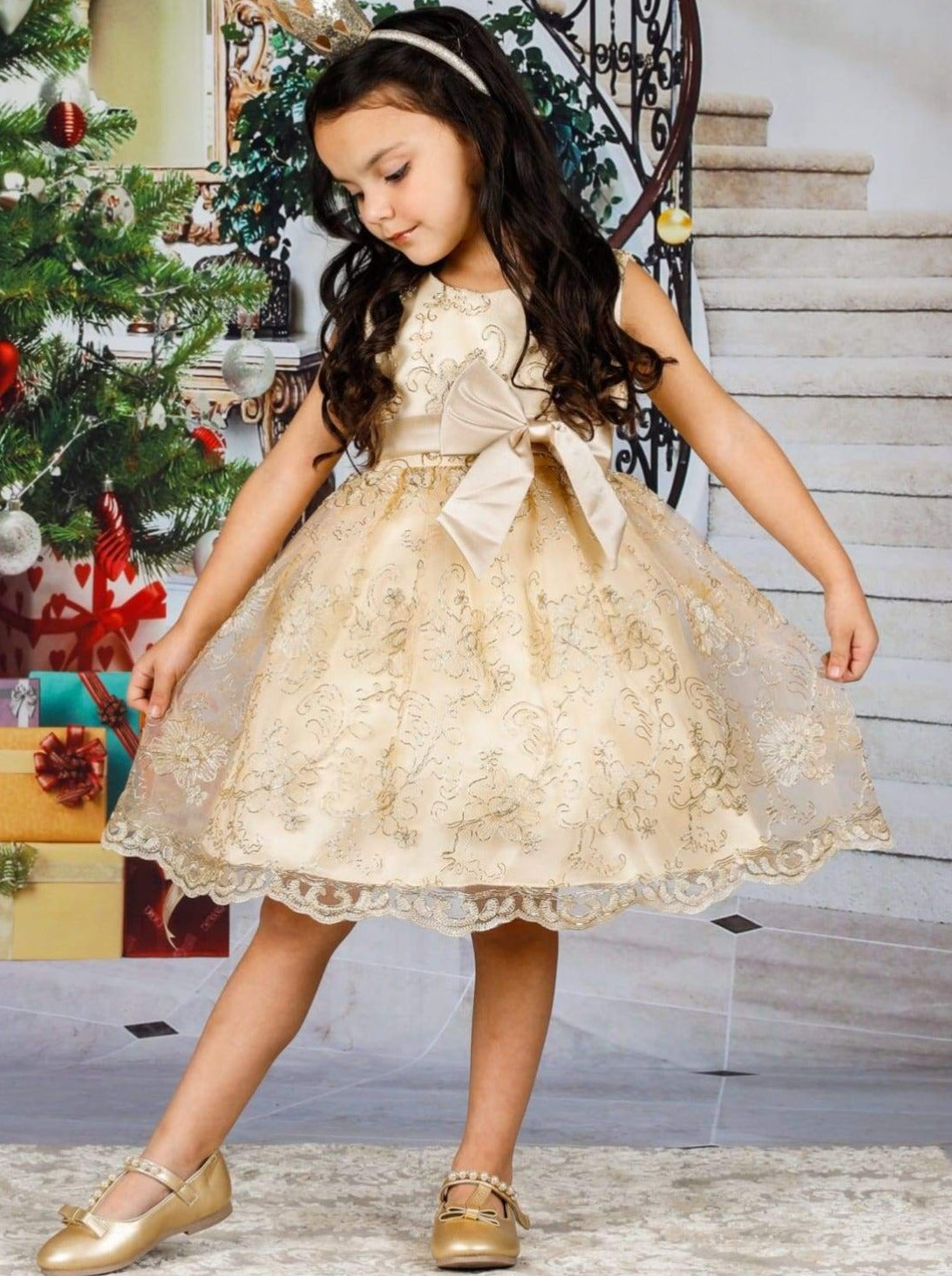 Girls Gold Embroidery Party Dress with Large Bow - Girls Fall Dressy Dress