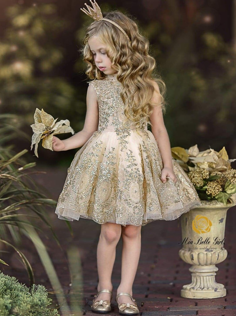 Girls Special Occasion Dress  Gold Embroidered Special Occasion