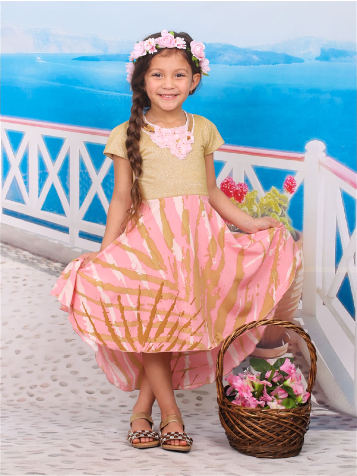 Girls Gold & Pink Short Sleeve Printed Dress with Sequin Flower Neck Detail - Girls Spring Dressy Dress