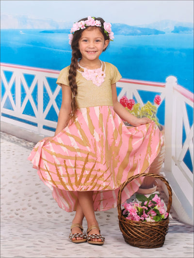 Girls Gold & Pink Short Sleeve Printed Dress with Sequin Flower Neck Detail - Girls Spring Dressy Dress