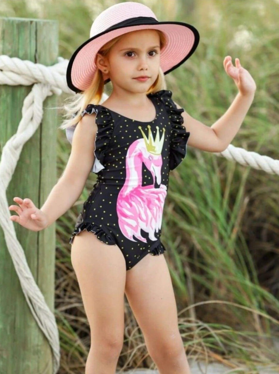 Kids Resort Wear | Girls Flutter Sleeve Flamingo One Piece Swimsuit