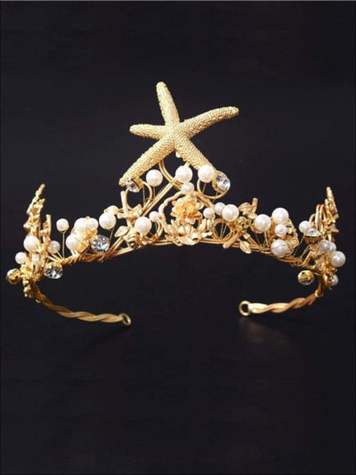 Girls Gold Starfish Pearl Crown - One Size - Hair Accessories