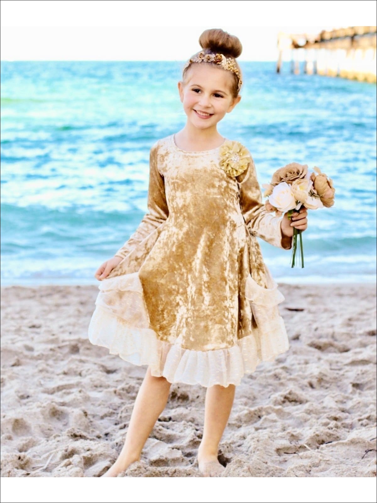 Gold Velvet Ruffled Pockets Princess Dress | Mia Belle Girls