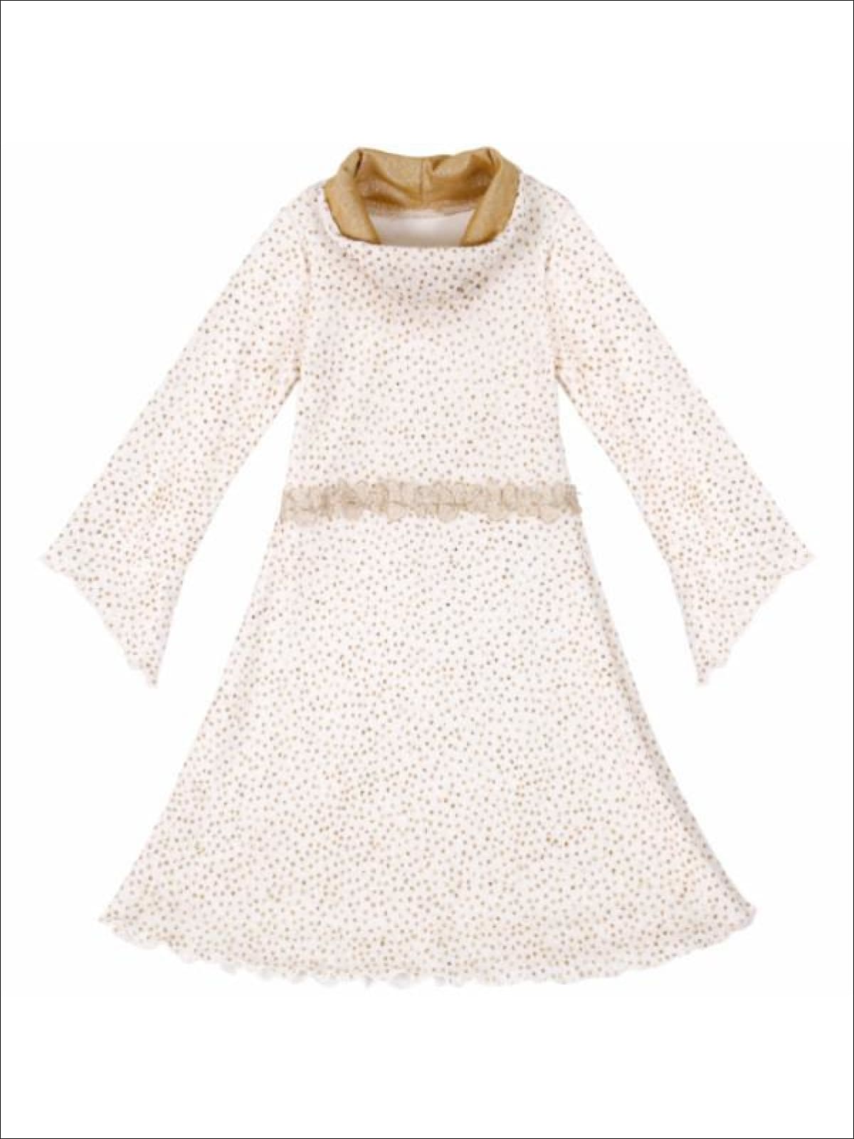 Girls Gold/Creme Turtleneck Sweater Dress w/ Wide Sleeves - Girls Fall Dress