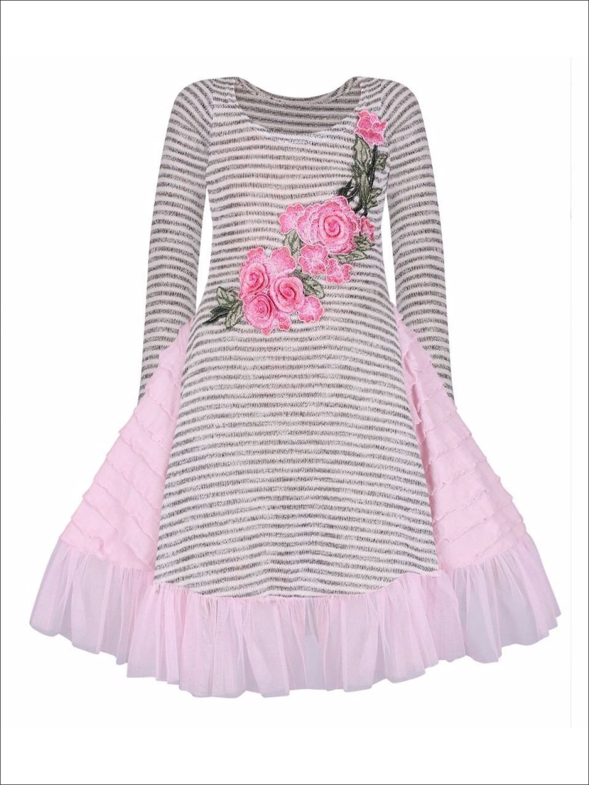 Girls Gray & Pink Long Sleeve Ruffle Pocket Dress - Fall Low Stock