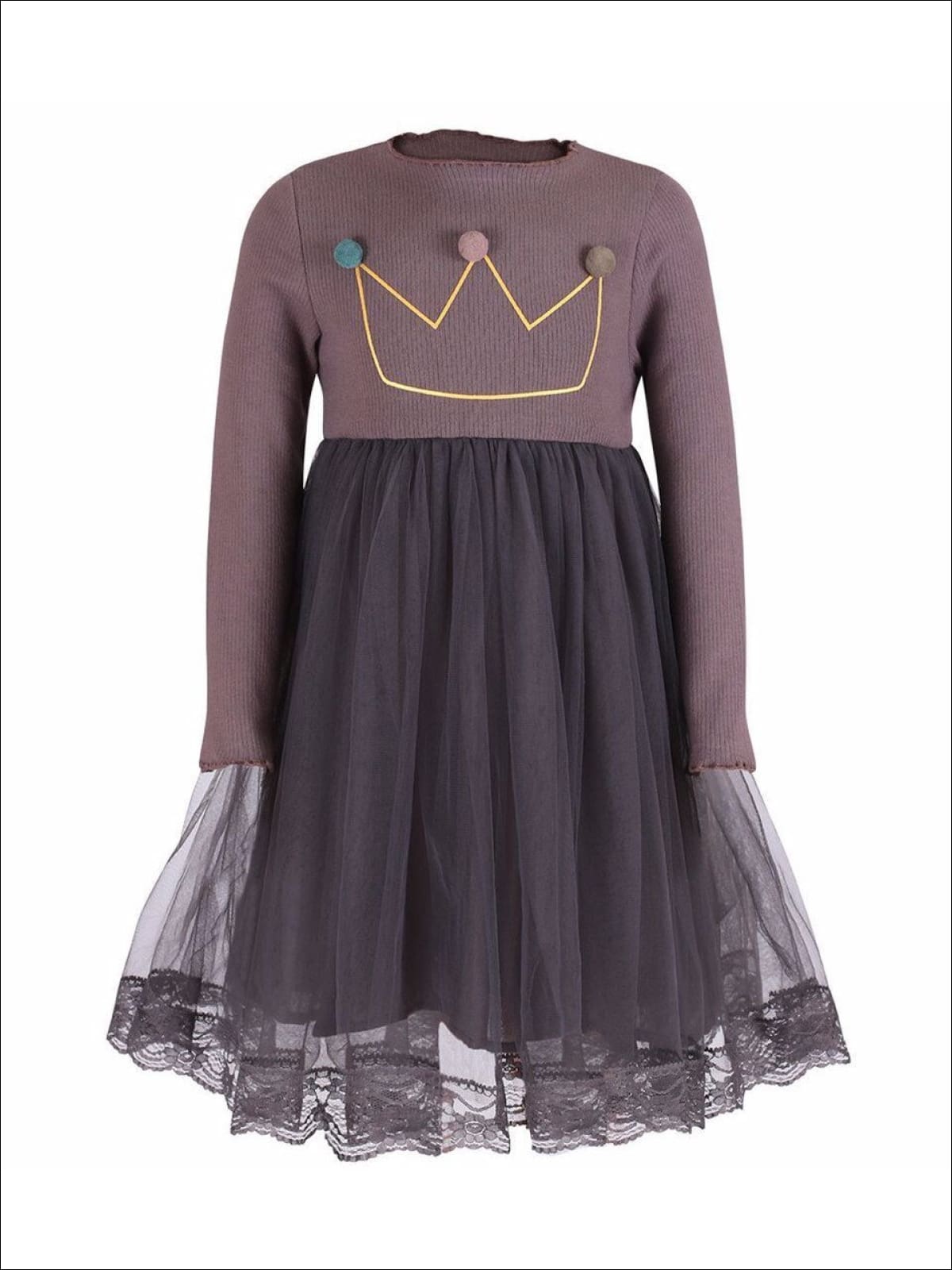 Girls Gray Pom Pom Crown Applique Lace Edge Dress - Girls Fall Casual Dress