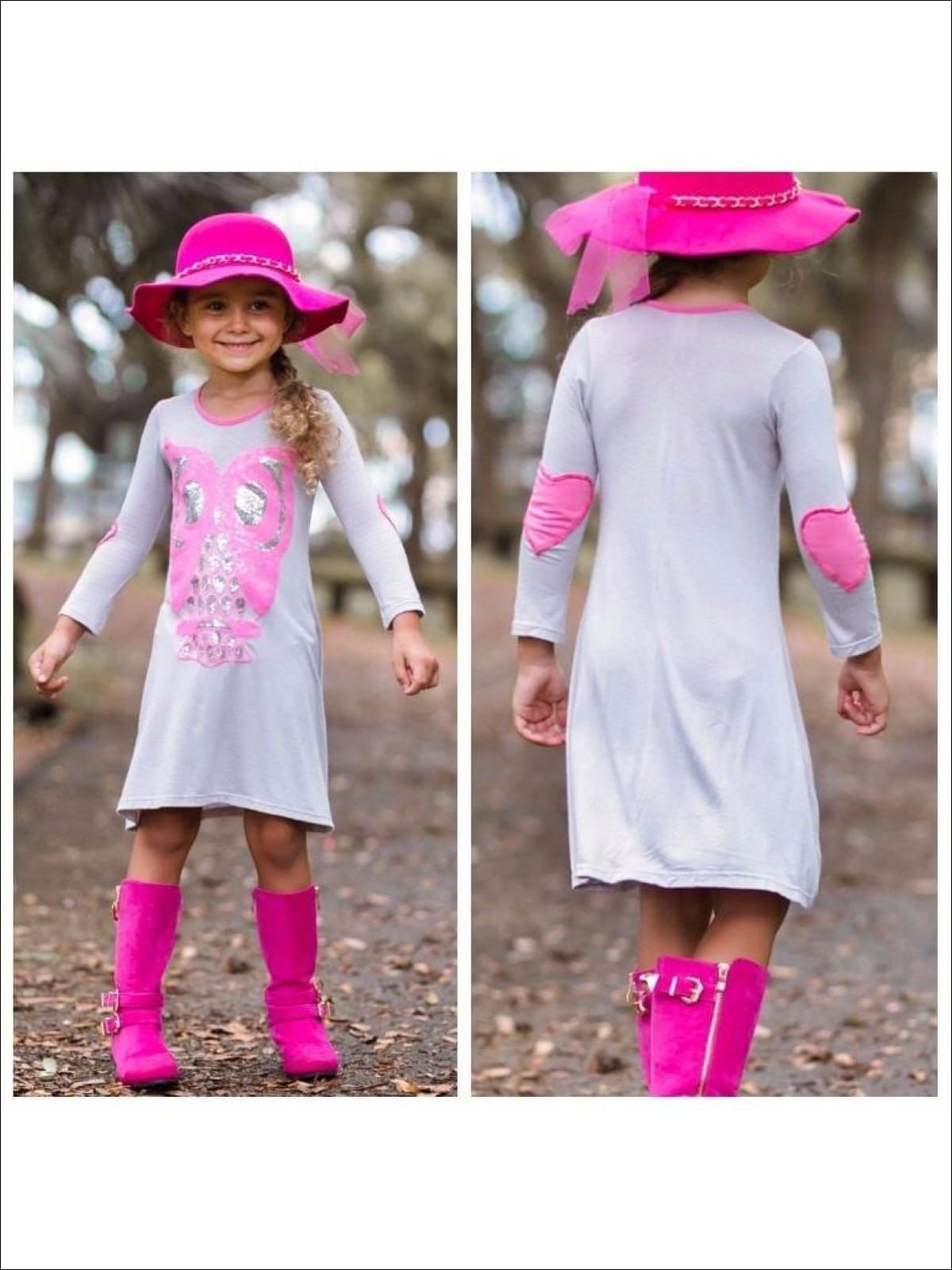 Girls Gray/Pink A-Line Dress w/ Applique & Heart Elbow Patch - Fall Low Stock