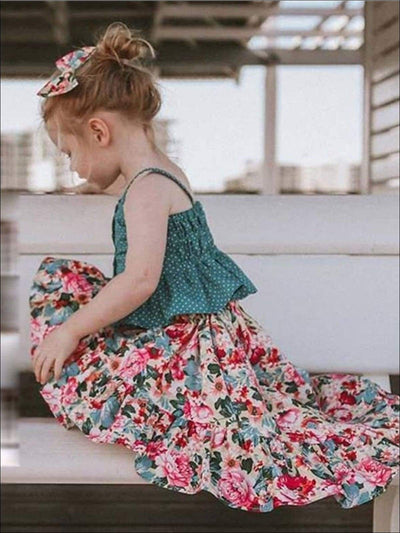 Girls Resort Wear | Polka Dot Top & Floral Hi-Low Ruffle Skirt Set