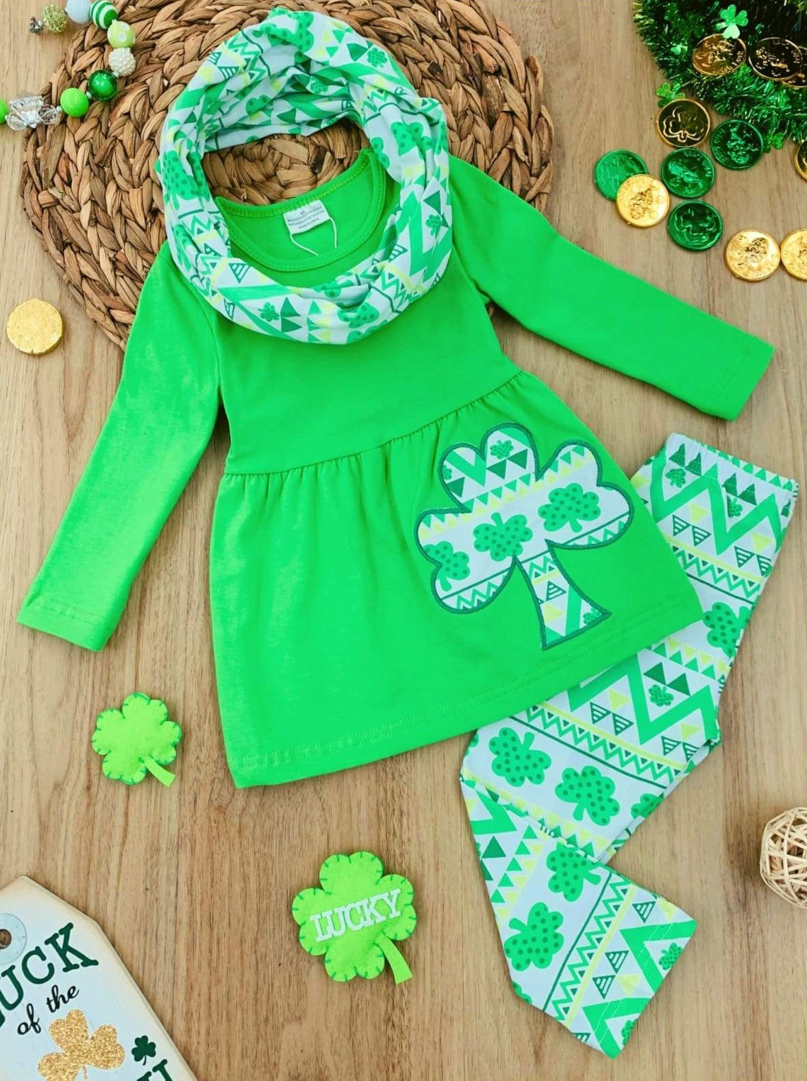 Mia Belle Girls St. Patrick's Day Clover Tunic, Scarf And Legging Set